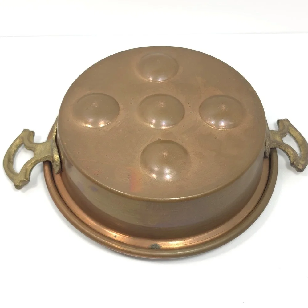 Vintage Copper Escargot Pan Egg Poacher Brass Handles Handmade Turkey 5 Cup 8